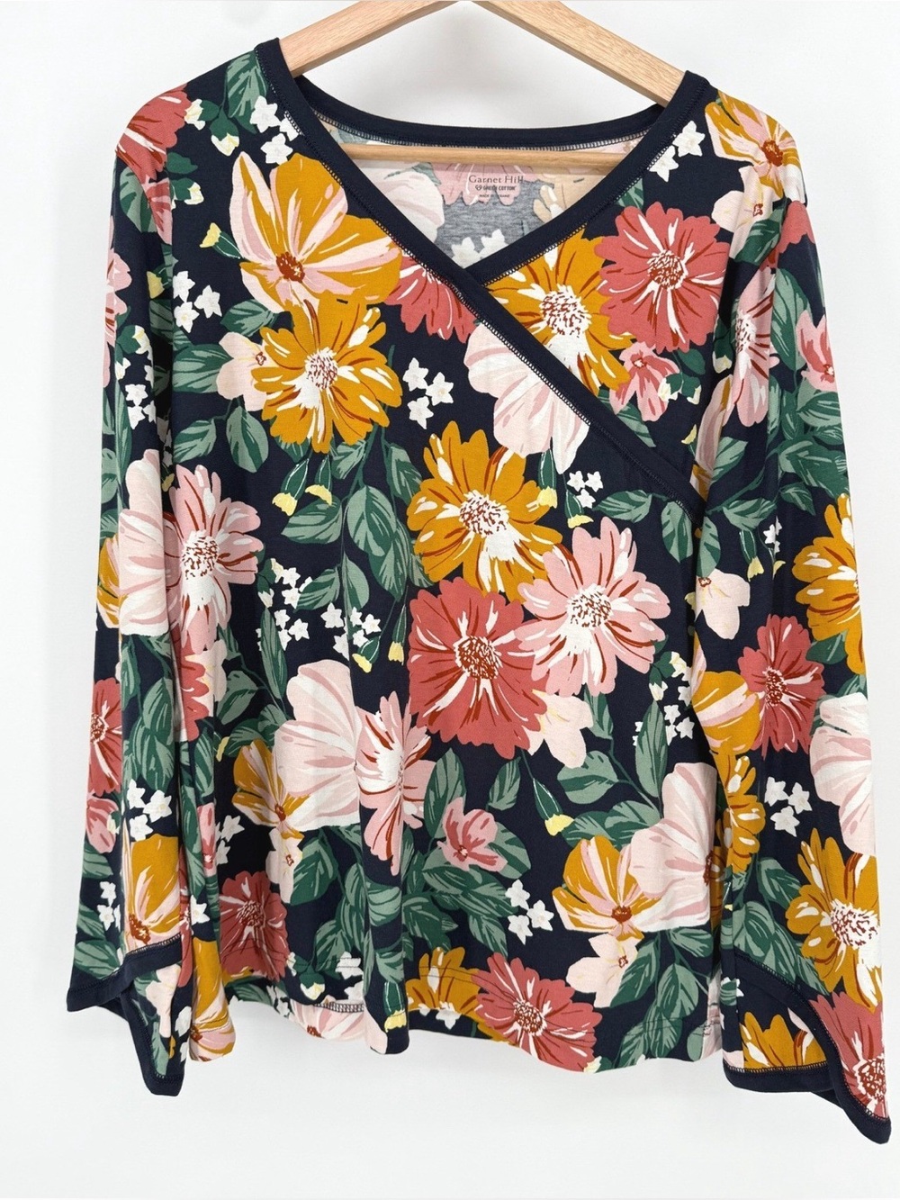 Garnet Hill Floral Long Sleeve Top Navy Blue Organic Cotton